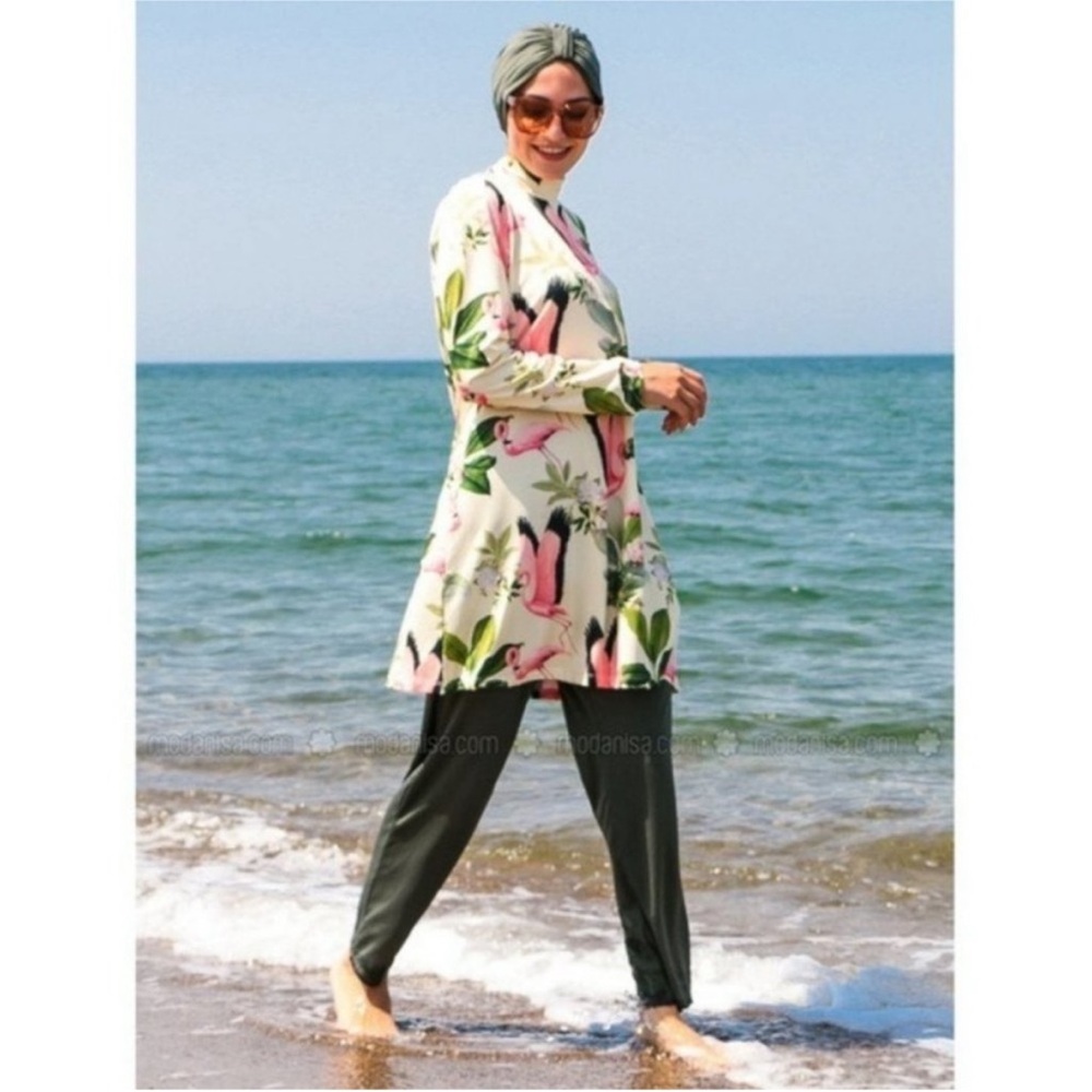 Modest swimsuit burkini 4 piece long sleeve dress pants green flamingo leaves